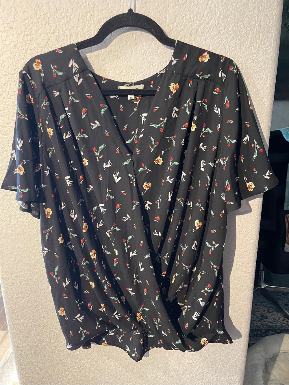 Monteau Black Floral Wrap-Front Blouse